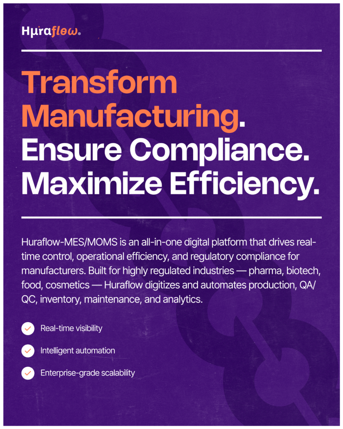 Huraflow brochure page — Transform Manufacturing, Ensure Compliance, Maximize Efficiency