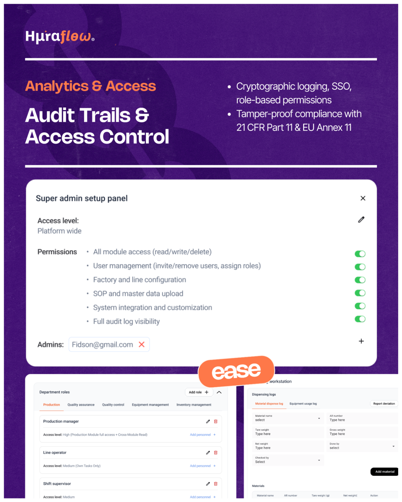 Huraflow brochure page for audit trails and access control