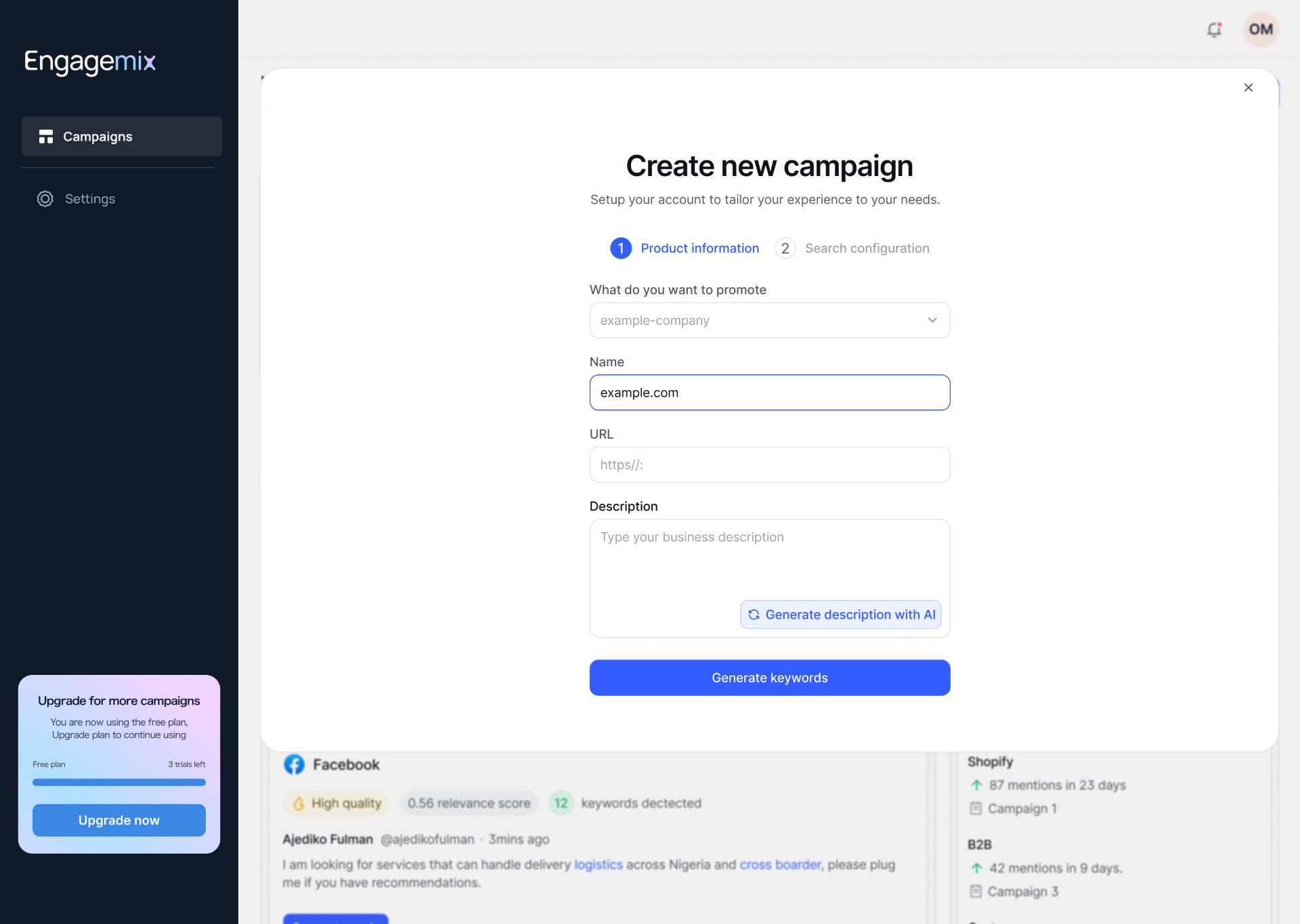 EngageMix create-new-campaign modal capturing product, URL, and description.