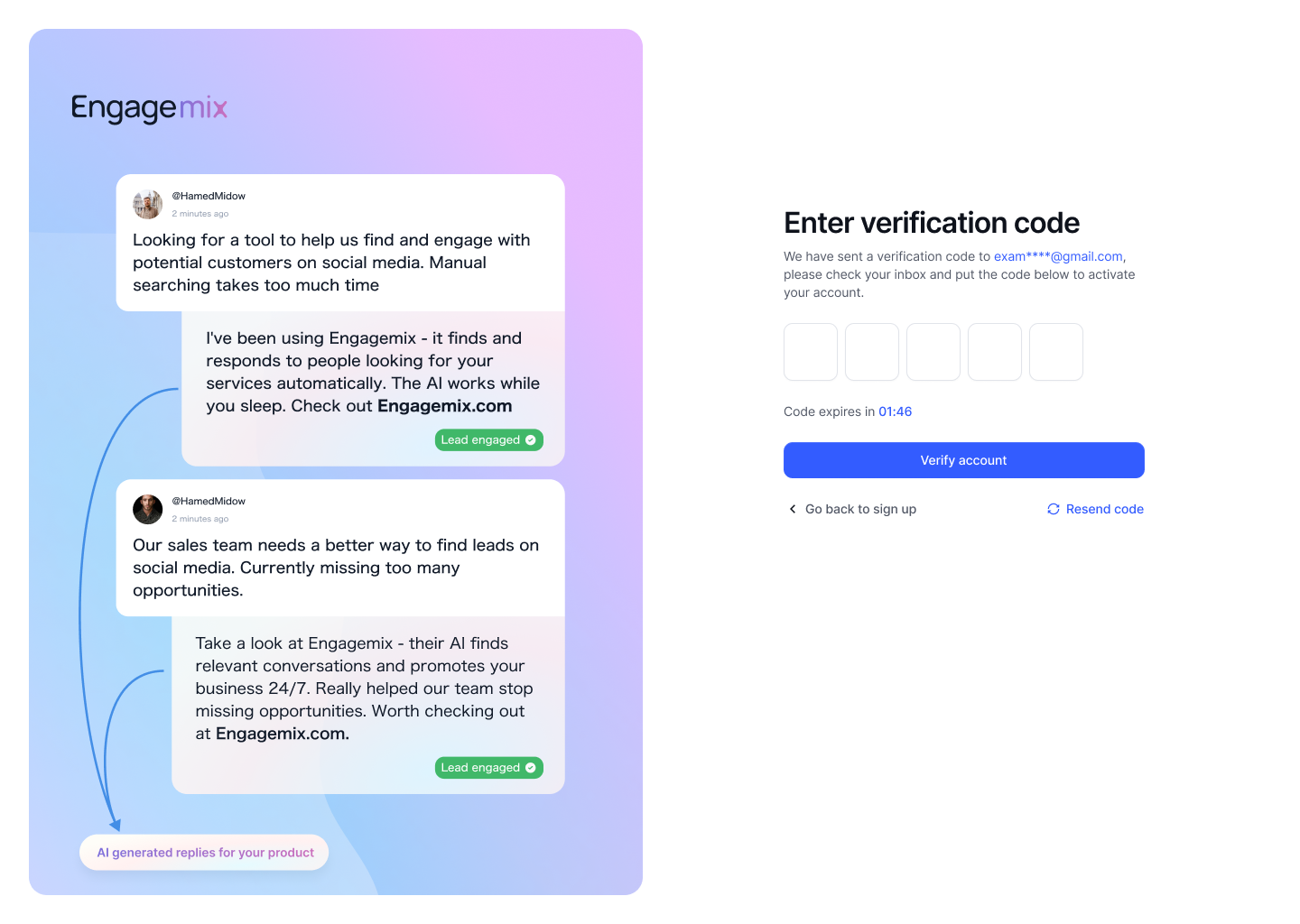 EngageMix account verification screen with code input and product preview.