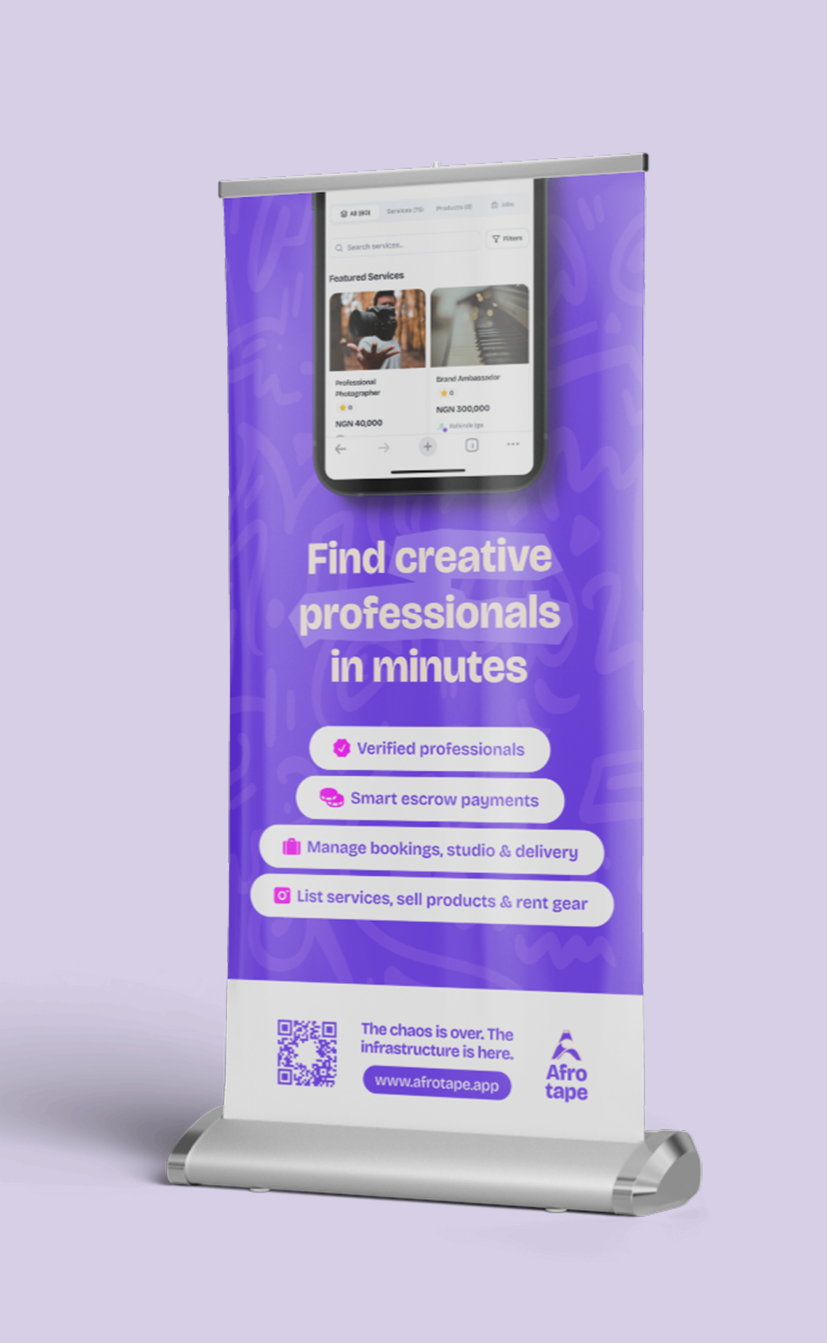 Afro Tape roll-up banner — Find creative professionals in minutes