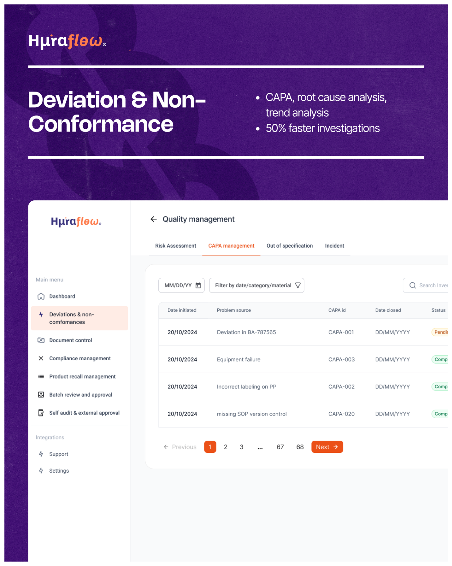 Huraflow brochure page for deviation and non-conformance